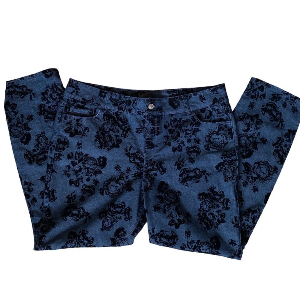 Women's Vintage Rose Print velvet texture tapered Premium Jeans pants women 18 - Picture 3 of 5